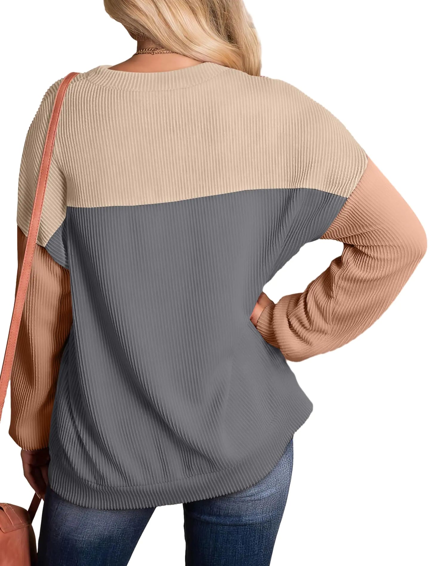 WIHOLL Womens Fashion 2025 Color Block Long Sleeve Crewneck Knitted Ribbed Shirts Tunic Tops Casual Loose Gray Small
