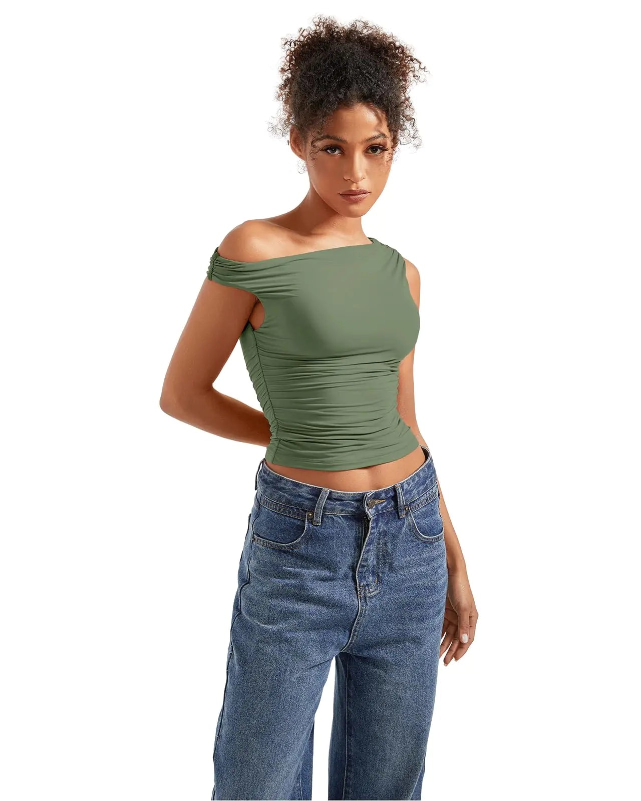 SUUKSESS Women Off Shoulder Tops Sleeveless Shirts Y2K Going Out Crop Tank Top Large Army Green