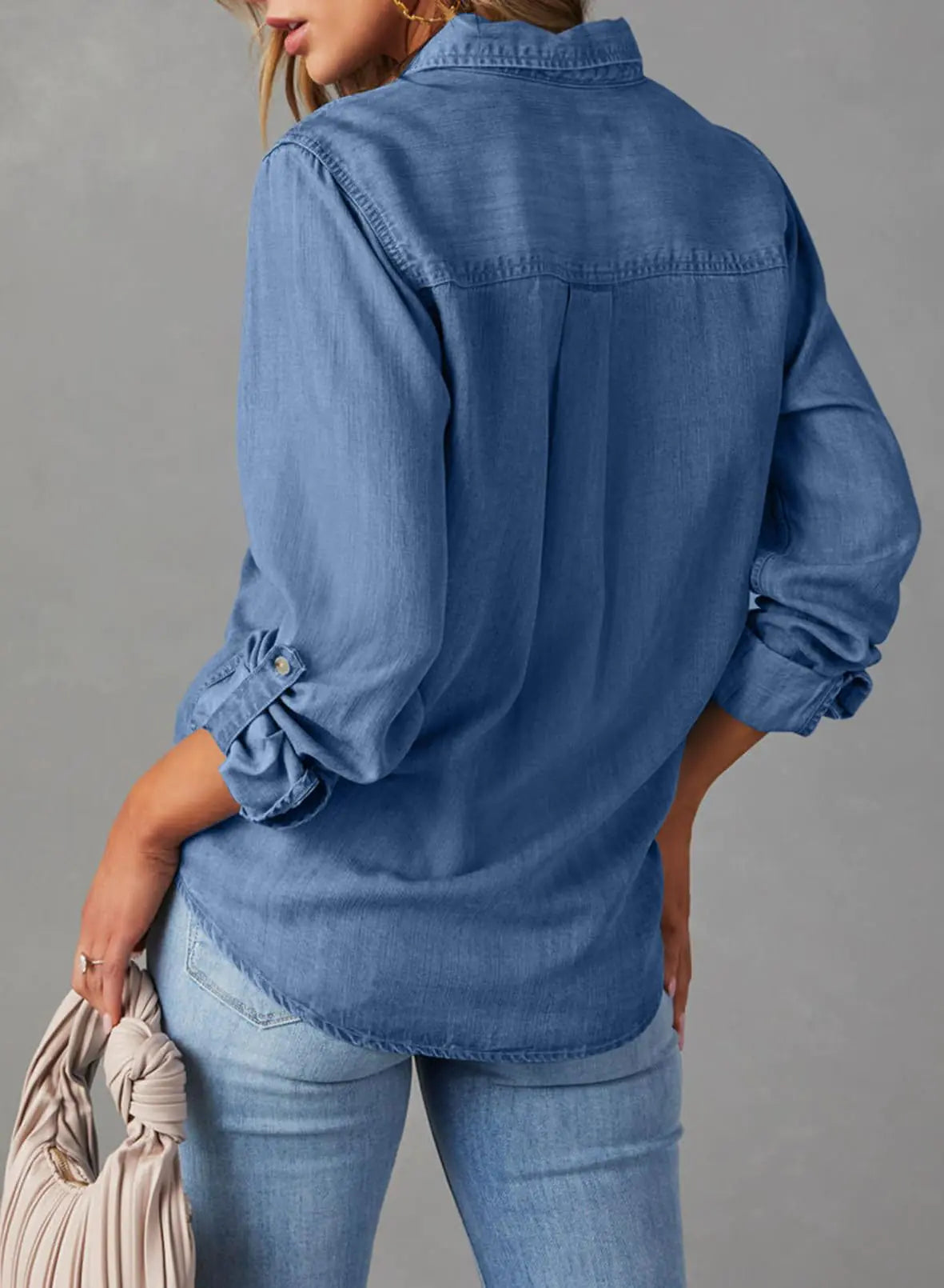Astylish Women 2025 Button Down Denim Shirts Casual Long Sleeve V Neck Chambray Blouse Top Large Sky Blue