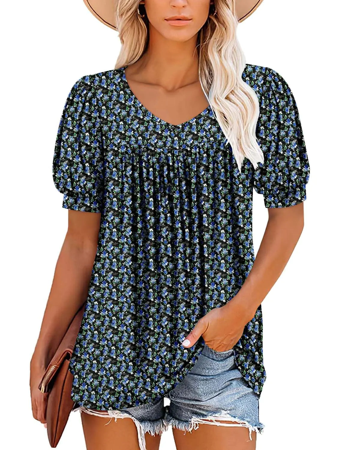 ROSELINLIN Womens Ruffle Sleeve Tunic Tops V Neck Loose Fit Short Sleeve Summer Shirts Small Puffed Blue Green