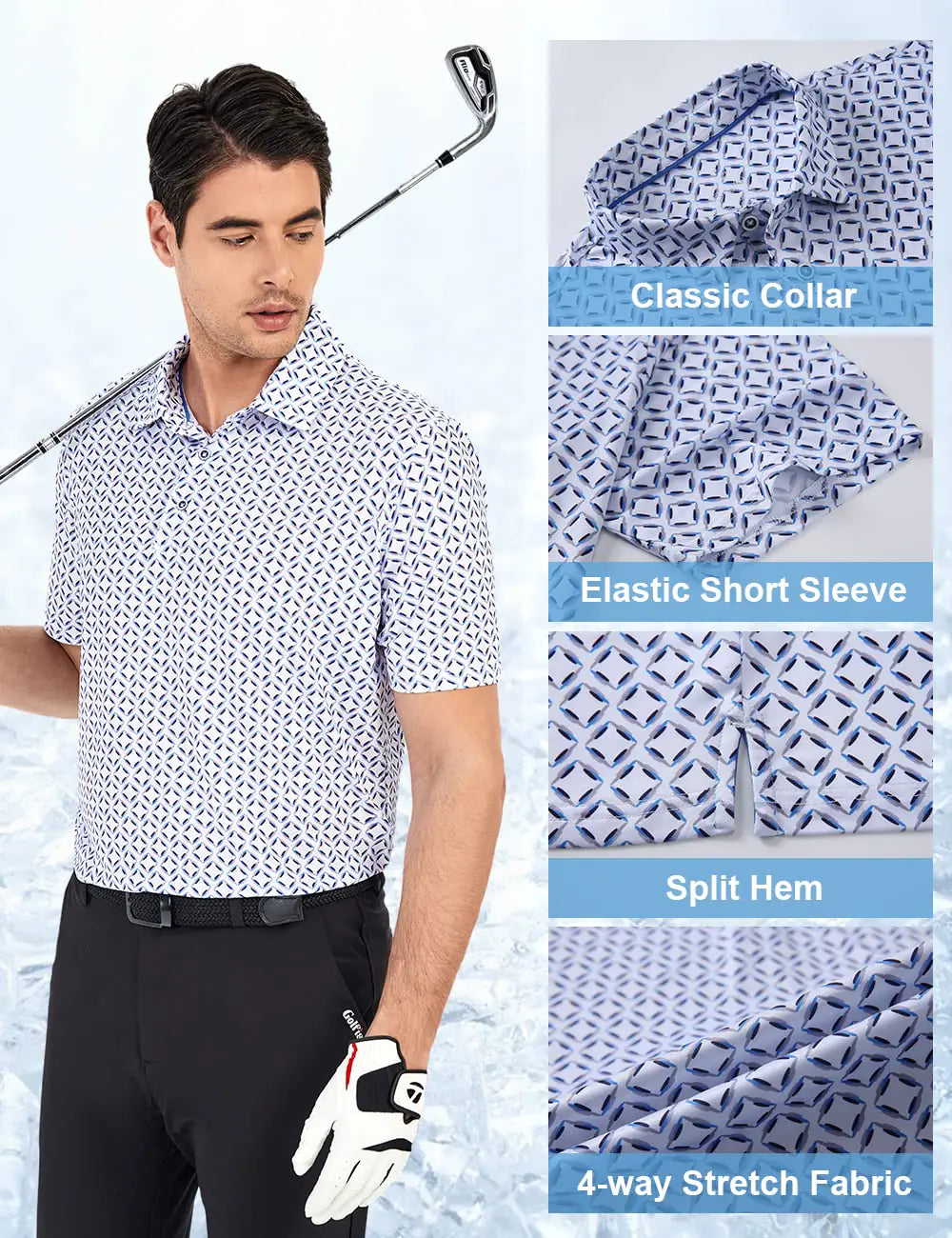 Hodaweisolp Golf Shirts for Men Dry Fit Print Moisture Wicking Performance Short Sleeve Polo Shirt X-Large White Blue Square